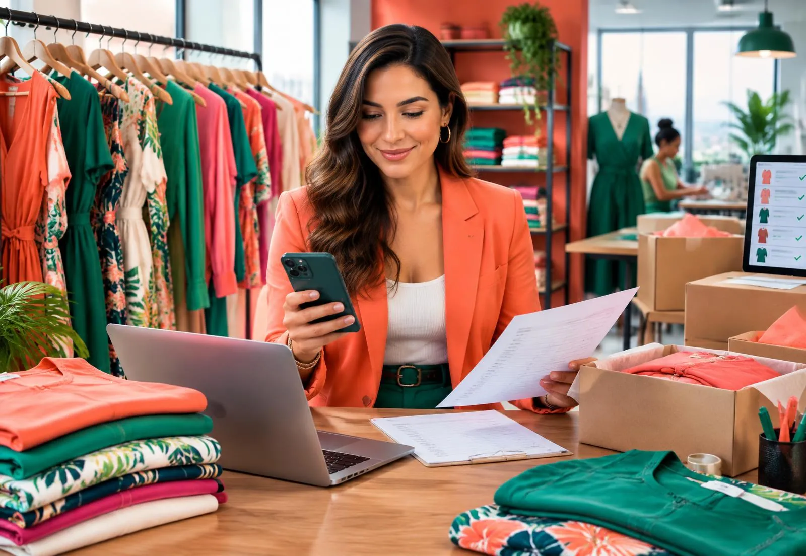 Empreendedora de moda organizando pedidos de atacado em uma confecção